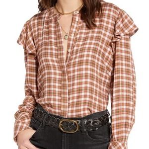 Treasure & Bond Brown Ruffle Long Sleeve Plaid Button Front Shirt Sz Small EH